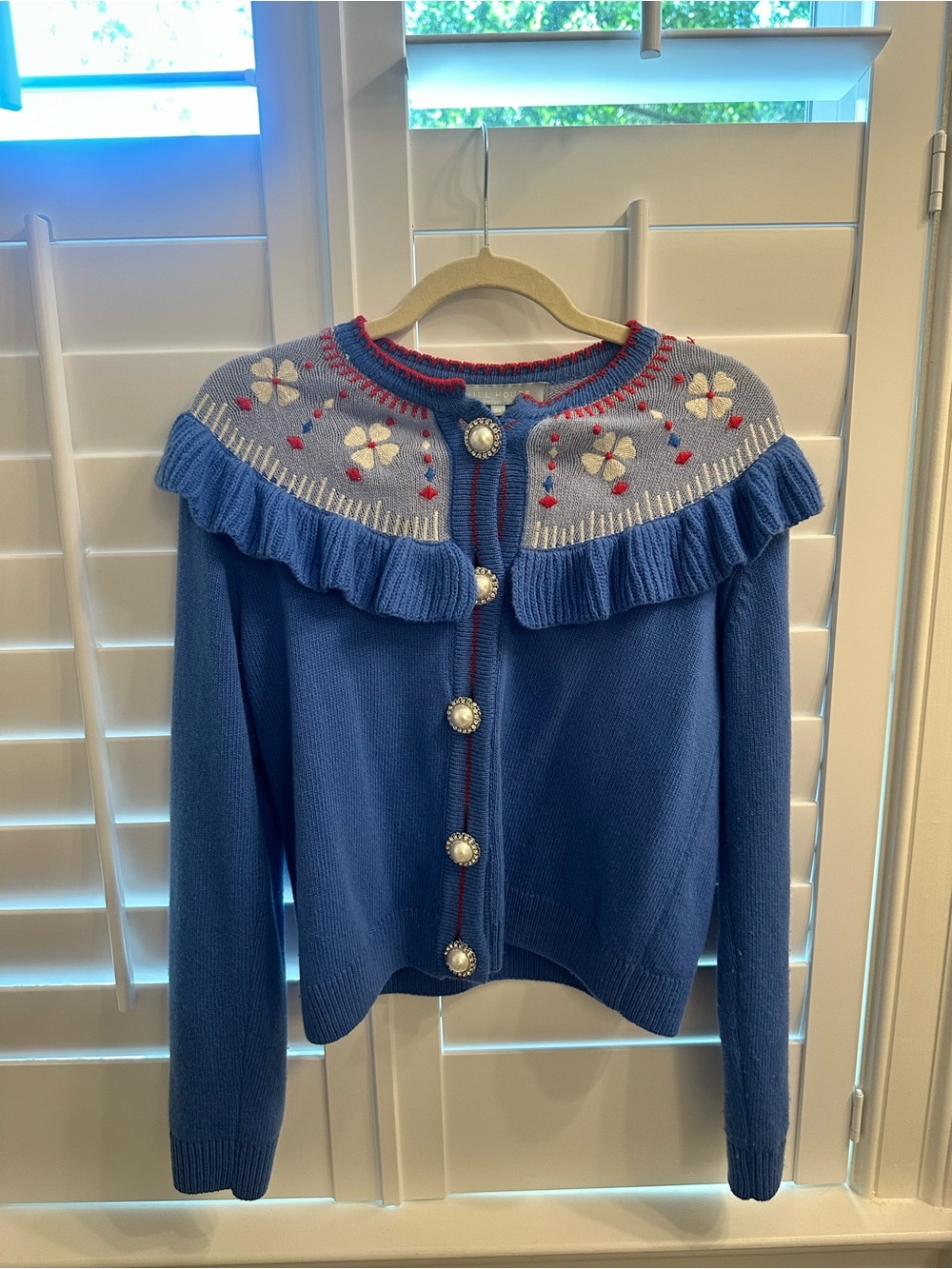 Hill House Blue Floral Yoke Ruffle Cardigan with Pearl Buttons